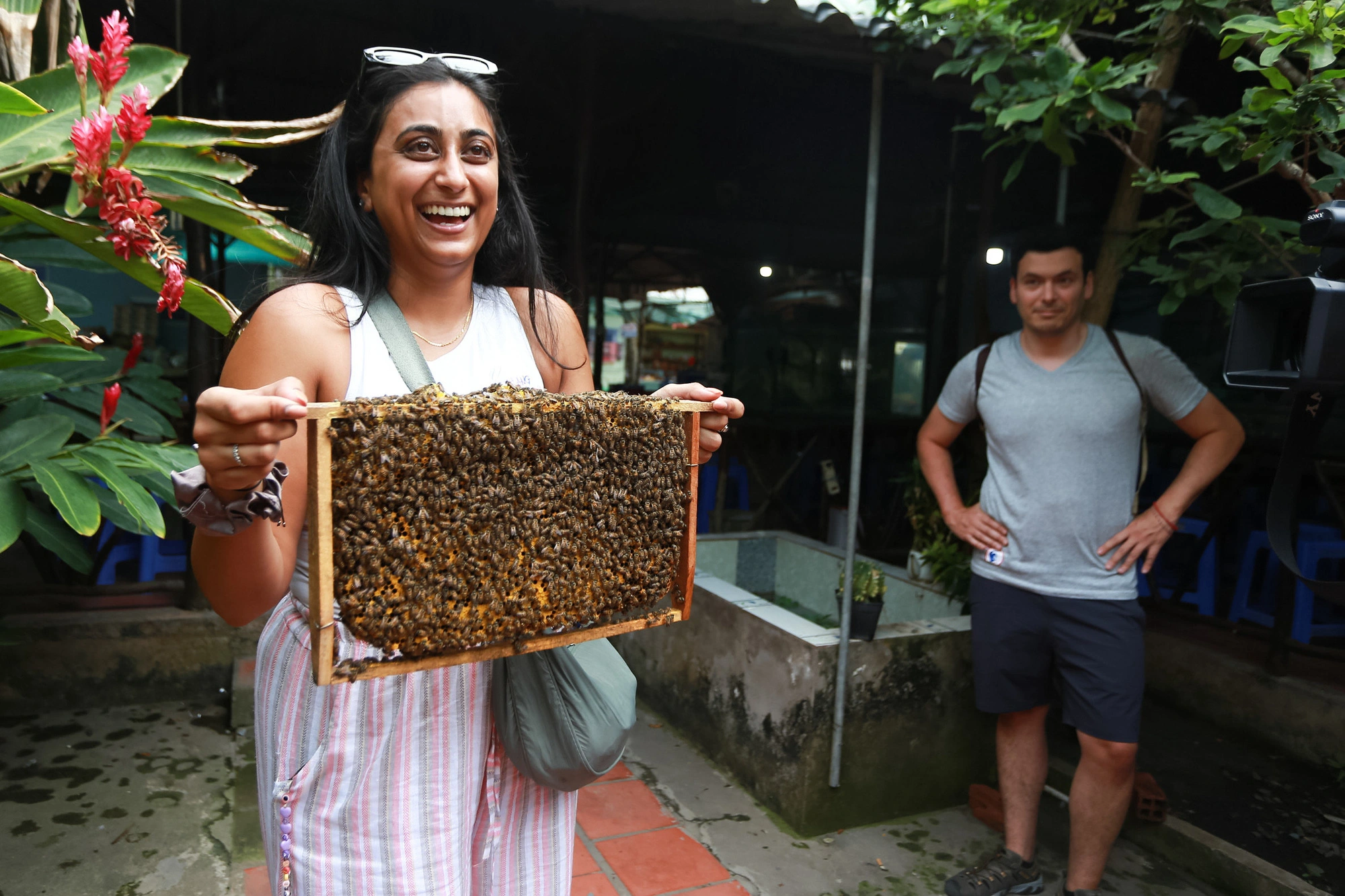A foreign tourist excitedly holds a hive frame produced through a unique beekeeping model developed by residents on Thoi Son Isle, located on the Tien River in Tien Giang Province, southern Vietnam. Photo: Phuong Quyen / Tuoi Tre
