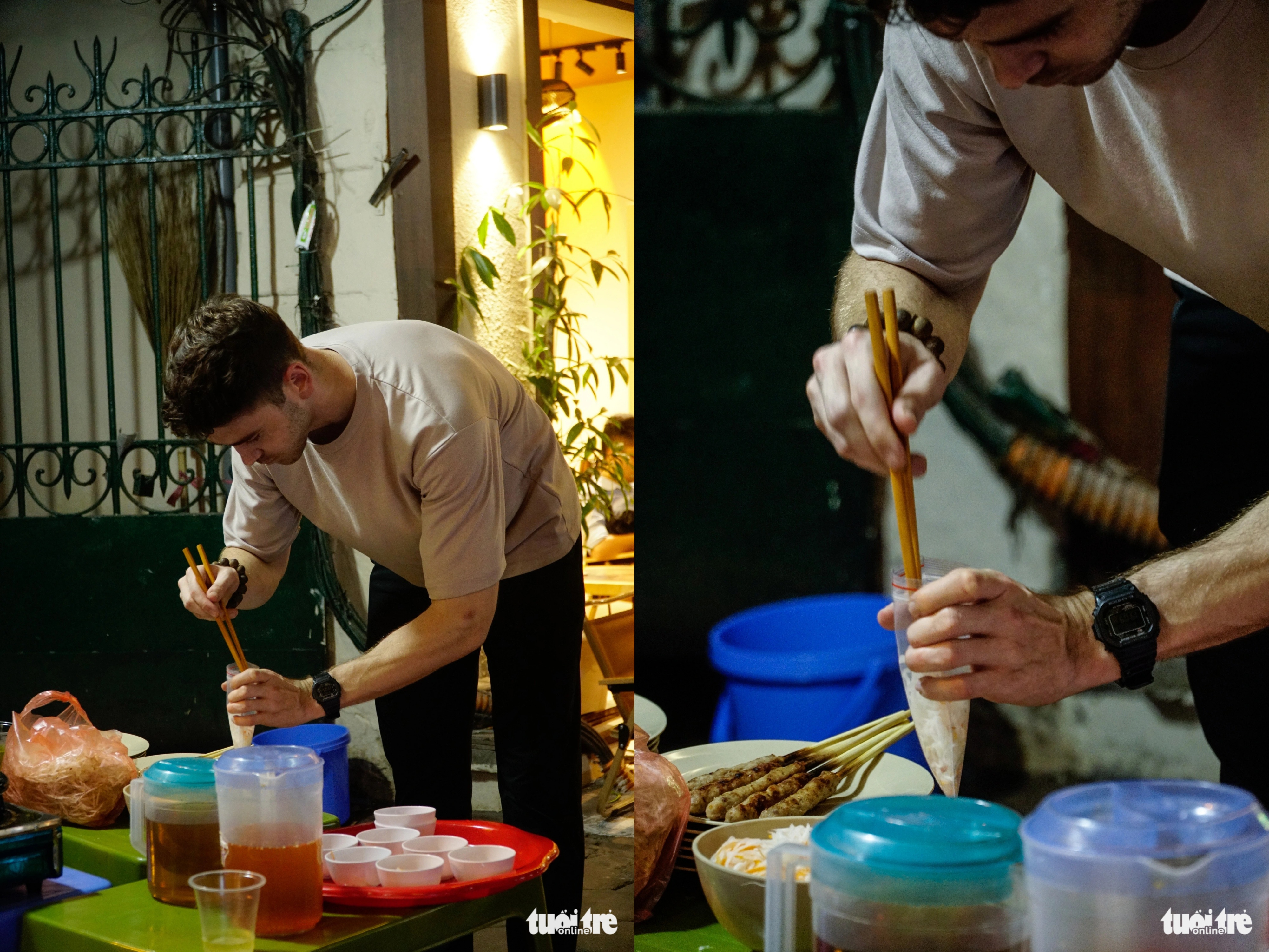 Moritz, a 28-year-old Swiss man, assists his girlfriend, Le Duyen, at her eatery on Phan Dinh Phung Street in Hanoi. Photo: Nguyen Hien / Tuoi Tre