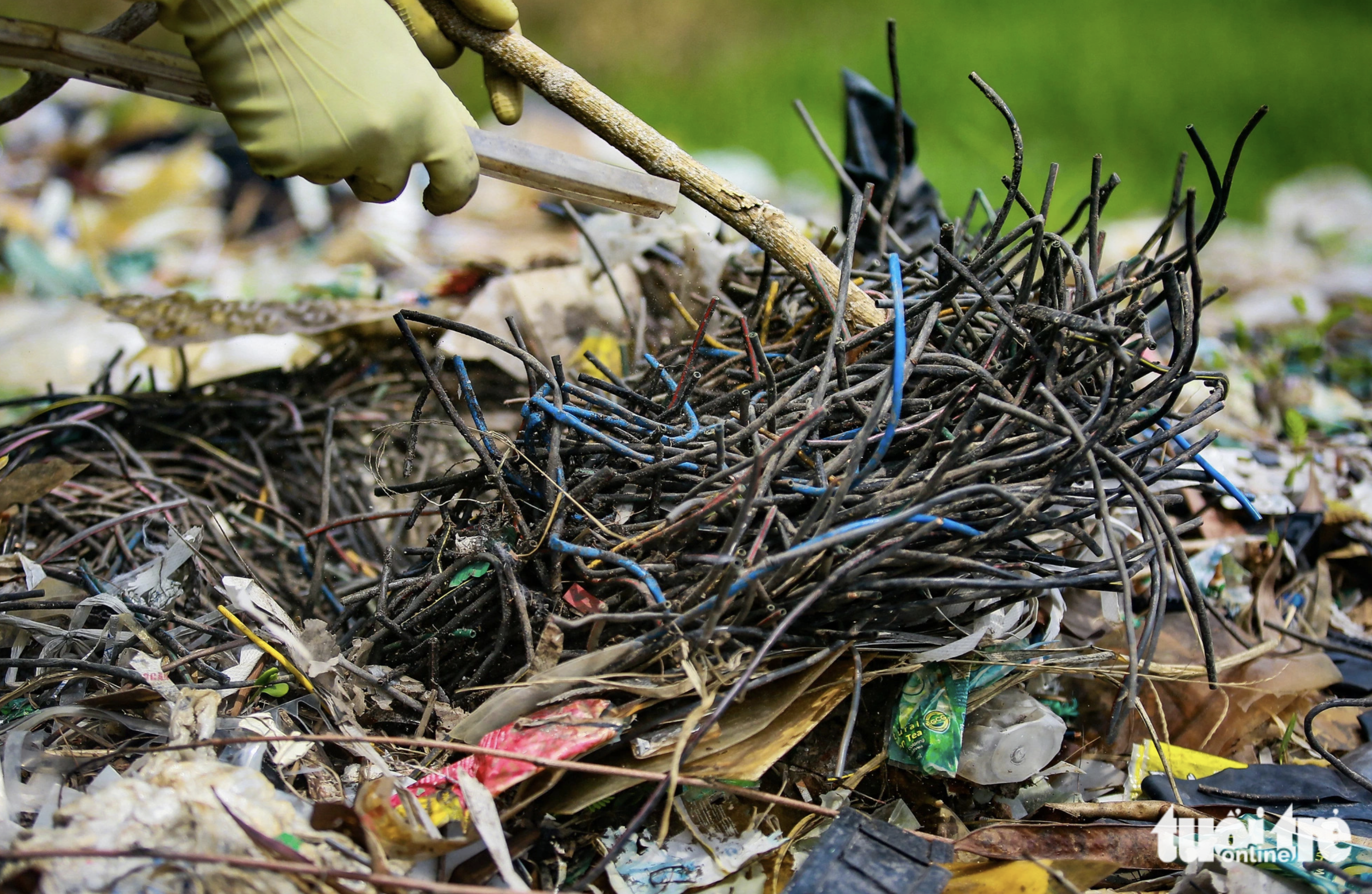 An illegal dumpsite contains batteries, used electric wires, and bulbs. Photo: Ngoc Khai / Tuoi Tre