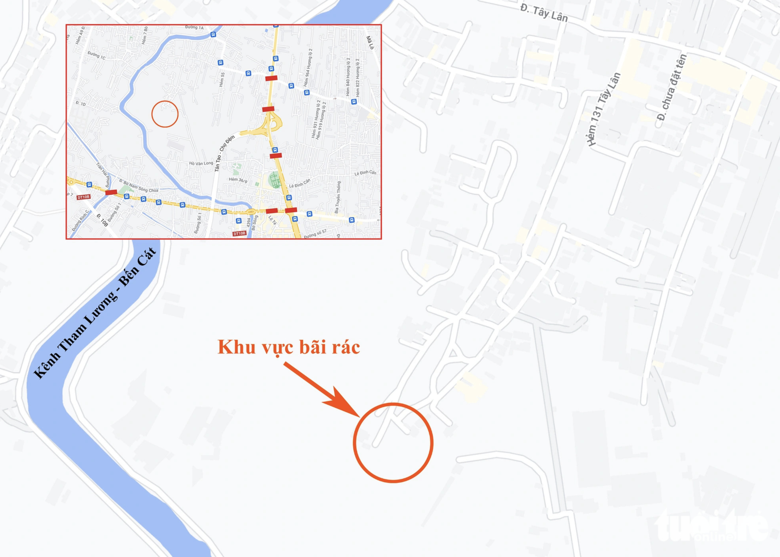 A map details an illegal dumpsite (marked in a circle), only 300 meters away from Tham Luong - Ben Cat Canal and 800 meters from Tay Lan Street in Binh Tan District. Photo: Chau Tuan / Tuoi Tre