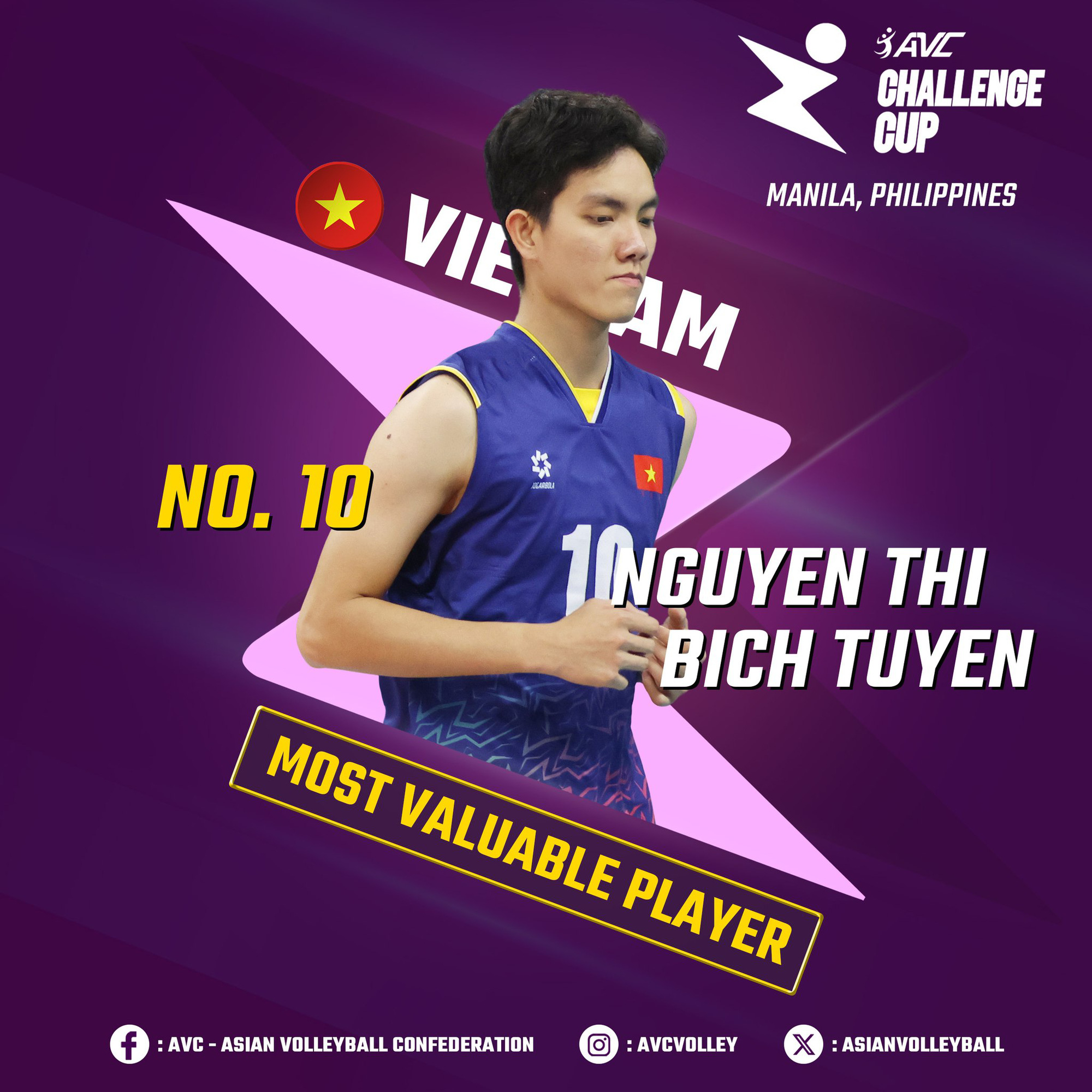 Vietnamese player Nguyen Thi Bich Tuyen is crowned the Most Valuable Player of the 2024 Asian Volleyball Confederation Challenge Cup in the Philippines, May 29, 2024. Photo: Asian Volleyball Confederation