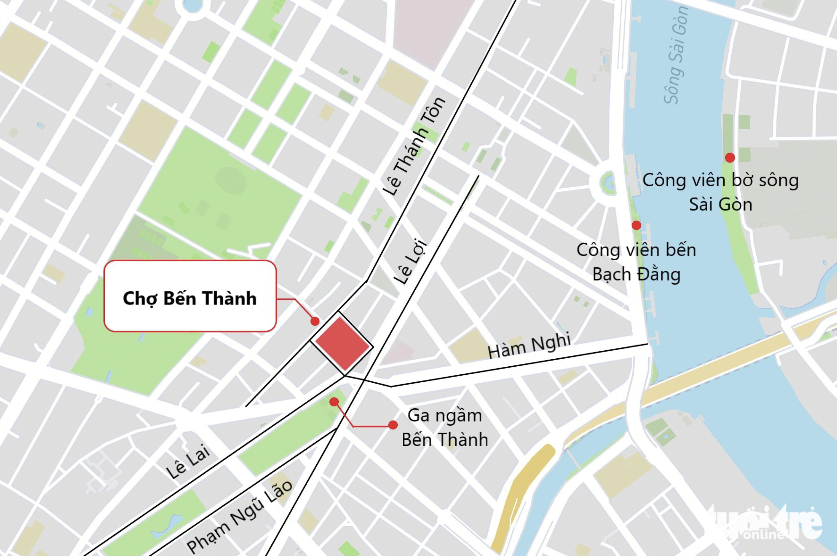 A map details Ben Thanh Market (painted red) and its surroundings