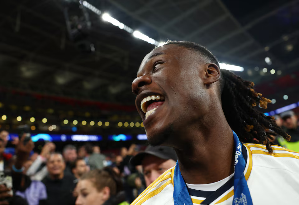 Soccer Football - Champions League - Final - Borussia Dortmund v Real Madrid - Wembley Stadium, London, Britain - June 1, 2024 Real Madrid's Eduardo Camavinga celebrates after winning the Champions League. Photo: Reuters