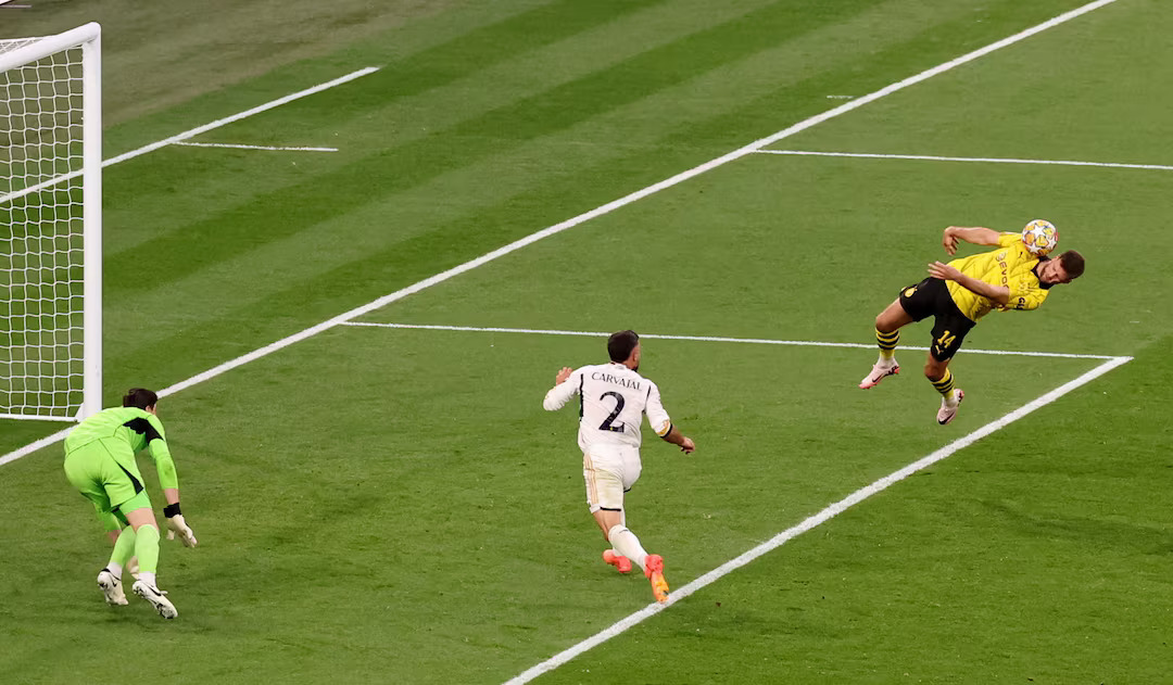 Soccer Football - Champions League - Final - Borussia Dortmund v Real Madrid - Wembley Stadium, London, Britain - June 1, 2024 Borussia Dortmund's Niclas Fullkrug attempts to head at goal. Photo: Reuters