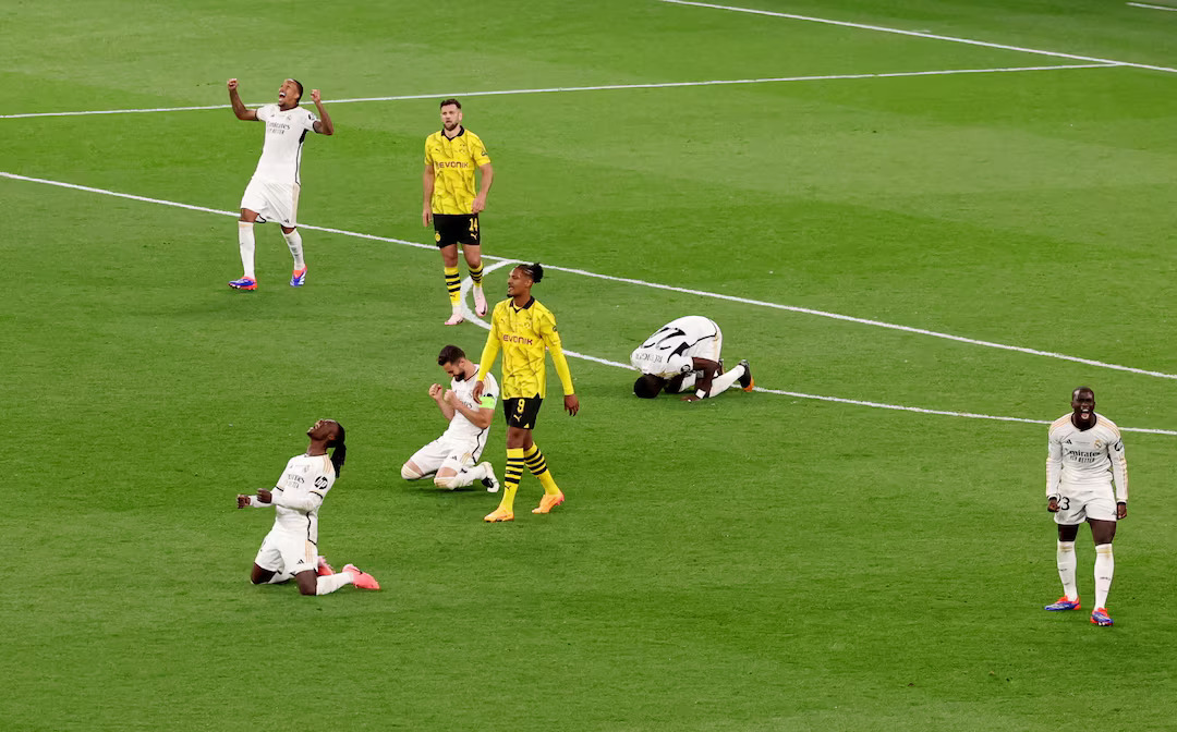 Soccer Football - Champions League - Final - Borussia Dortmund v Real Madrid - Wembley Stadium, London, Britain - June 1, 2024 Real Madrid's Ferland Mendy, Nacho, Antonio Rudiger, Eder Militao and Eduardo Camavinga celebrate after winning the Champions League. Photo: Reuters