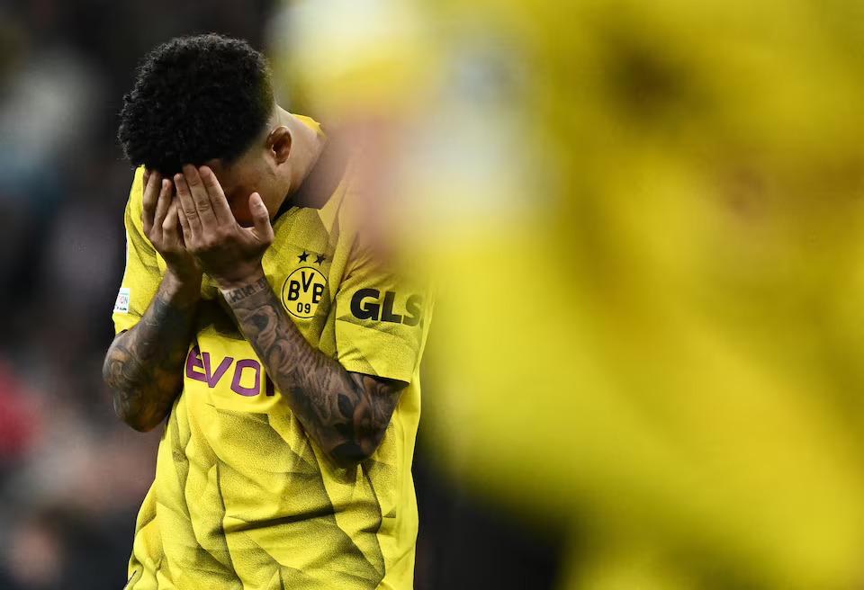 Soccer Football - Champions League - Final - Borussia Dortmund v Real Madrid - Wembley Stadium, London, Britain - June 1, 2024 Borussia Dortmund's Jadon Sancho looks dejected after the match. Photo: Reuters