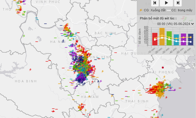 A map shows the density of lightning bolts in Hanoi at 8:00 am on June 5, 2024. Photo: Vietnam’s National Hydrometeorological Network Center