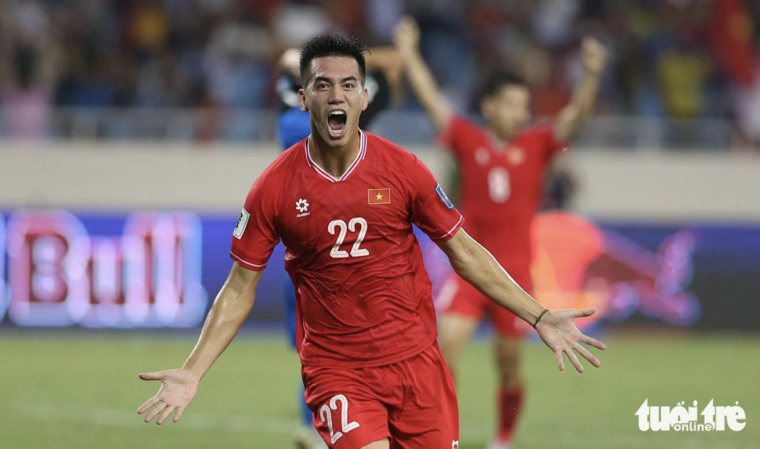 A Vietnamese football player celebrates his goal in a match between Vietnam and the Philippines, as part of the second round of the 2026 FIFA World Cup qualifiers for Asia at My Dinh National Stadium in Hanoi on June 6, 2024. Photo: Hoang Tung / Tuoi Tre