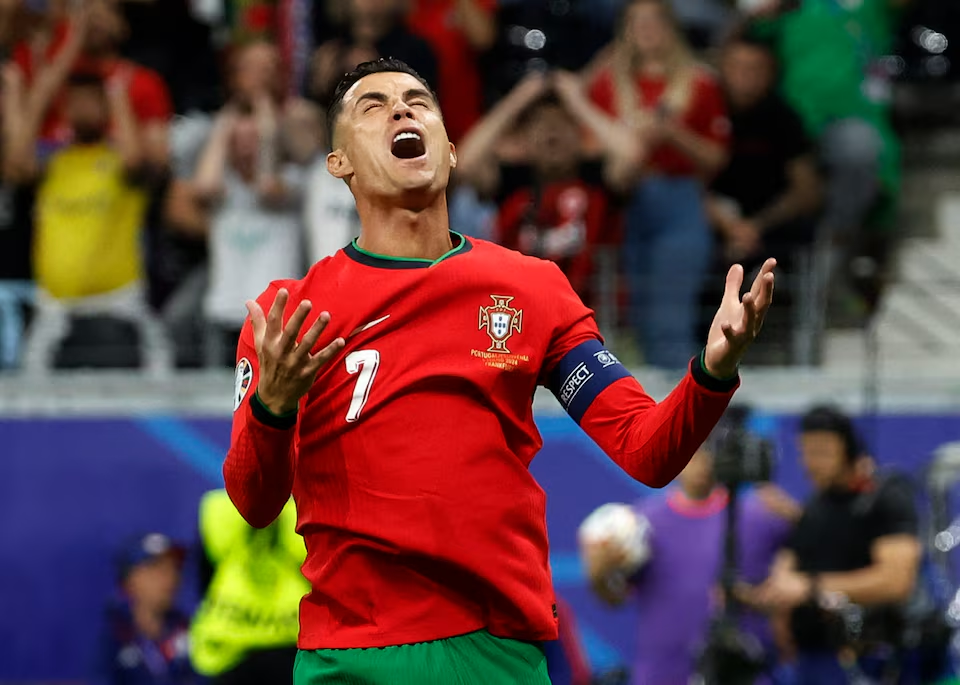 Soccer Football - Euro 2024 - Round of 16 - Portugal v Slovenia - Frankfurt Arena, Frankfurt, Germany - July 1, 2024 Portugal's Cristiano Ronaldo reacts after missing a chance to score. Photo: Reuters