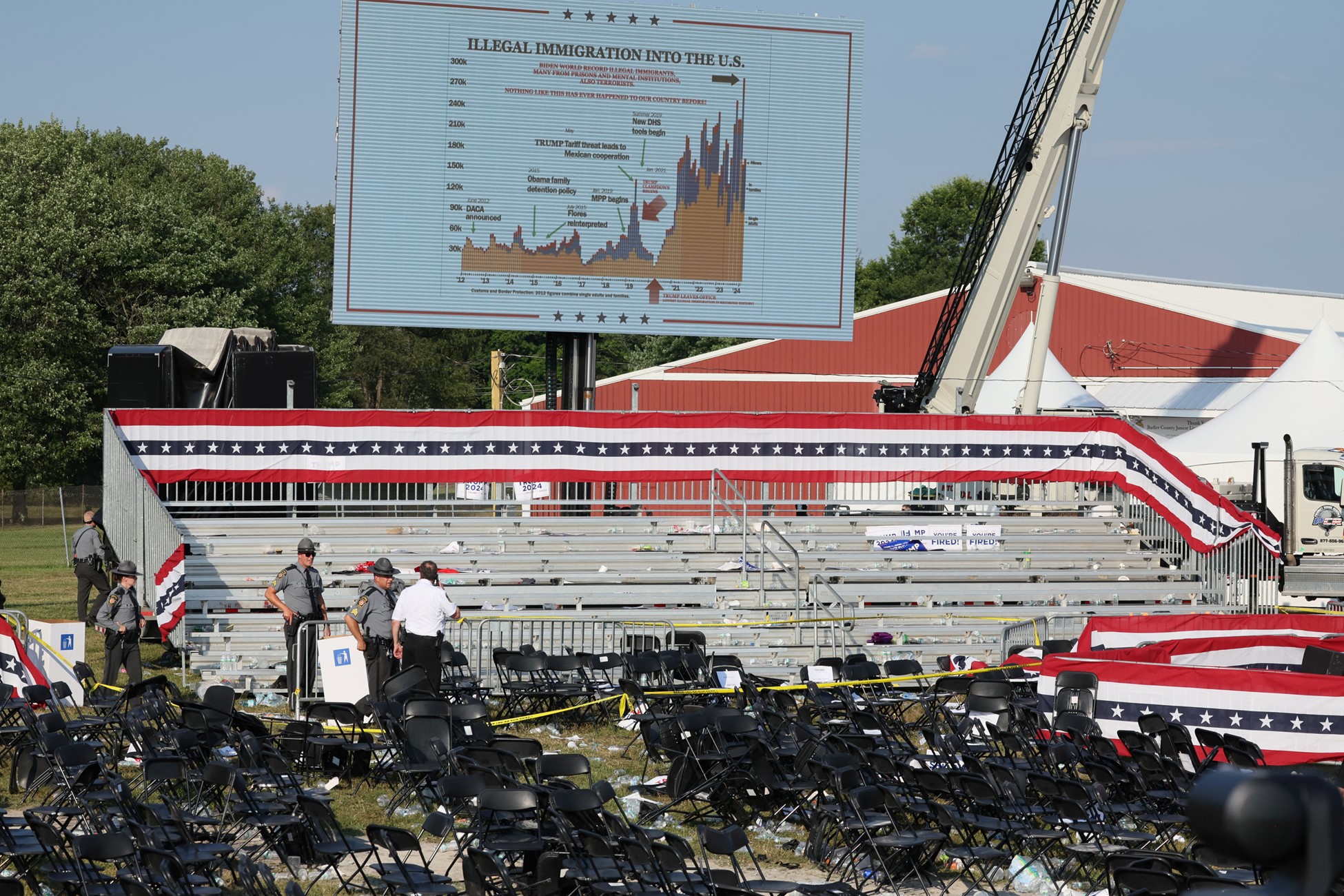 Security personnel inspect the site after gunfire rang out during a campaign rally at the Butler Farm Show in Butler, Pennsylvania, U.S., July 13, 2024. Photo: Reuters