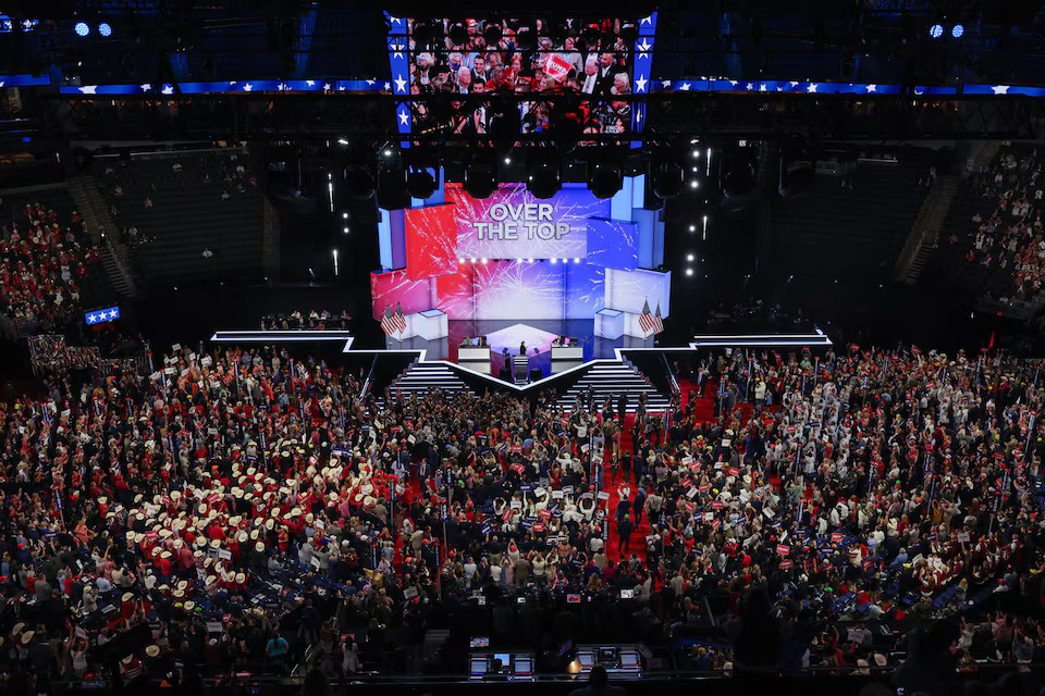 [9/16]Attendees react after former U.S. President Donald Trump was elected as the party's Presidential nominee on Day 1 of the Republican National Convention (RNC) at the Fiserv Forum in Milwaukee, Wisconsin, U.S., July 15, 2024. Photo: Reuters