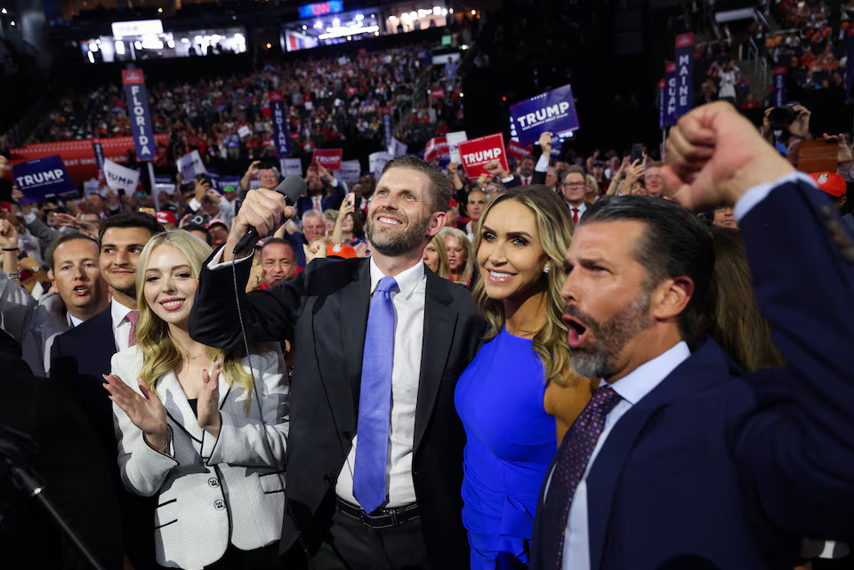 [6/16]Eric Trump, Tiffany Trump, Lara Trump and Donald Trump Jr. on Day 1 of the RNC, July 15. Photo: Reuters