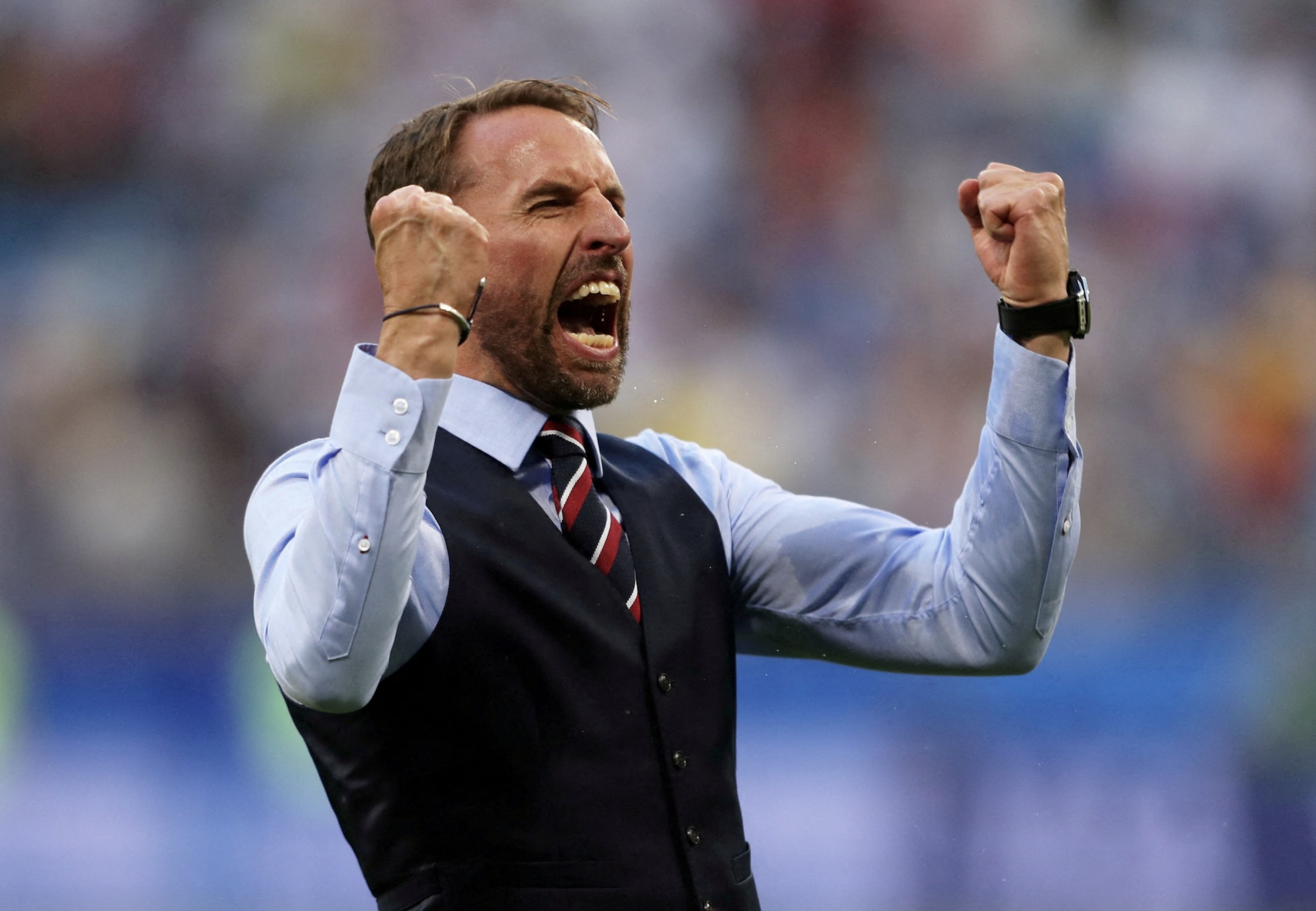 Soccer Football - World Cup - Quarter Final - Sweden vs England - Samara Arena, Samara, Russia - July 7, 2018 England manager Gareth Southgate celebrates after the match. Photo: Reuters