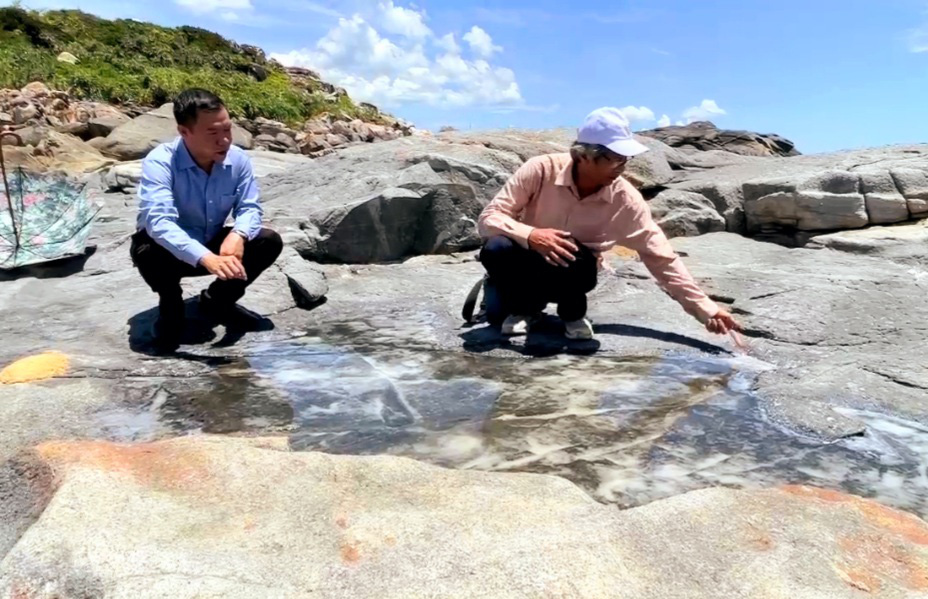 Dr. Doan Ngoc Khoi (R), deputy director of Quang Ngai Museum, at the Sa Huynh Ancient Salt Field in Go Co Village, Pho Thanh Ward, Duc Pho Town, Quang Ngai Province, central Vietnam. Photo: Tran Mai / Tuoi Tre