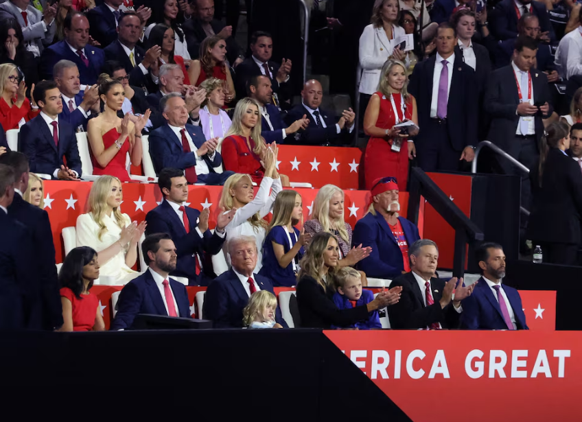 Republican presidential nominee and former U.S. President Donald Trump, Vice Presidential Nominee Senator J.D. Vance (R-OH), Usha Chilukuri Vance, Donald Trump Jr., Ivanka Trump, Tiffany Trump, Vanessa Haydon, Chloe Trump, Lara Trump, Eric Luke Trump and Hulk Hogan sit on Day 4 of the Republican National Convention (RNC), at the Fiserv Forum in Milwaukee, Wisconsin, U.S., July 18, 2024. Photo: Reuters