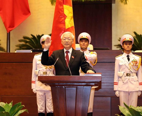 General Secretary of the Communist Party of Vietnam and President of the Socialist Republic of Vietnam for the 2016-21 tenure Nguyen Phu Trong is sworn in during a ceremony in Hanoi. Photo: Vietnam News Agency