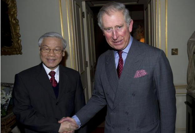 Vietnamese Party General Secretary Nguyen Phu Trong meets with Crown Prince Charles, who is now King Charles III of the United Kingdom, during the former’s visit to the UK in 2013. Photo: PA Images