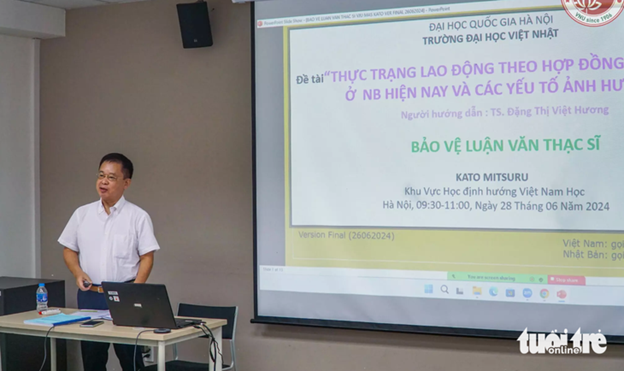 Kato at his master’s thesis defense. Photo: Vietnam Japan University