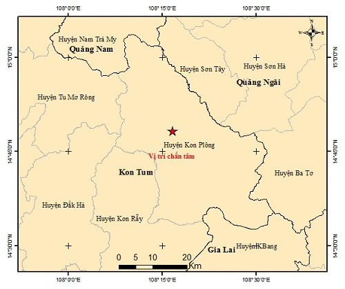 A map detailing the location of the epicenter (red star) of a recent earthquake in Kon Plong District, Kon Tum Province, Vietnam, July 29, 2024. Photo: Institute of Geophysics