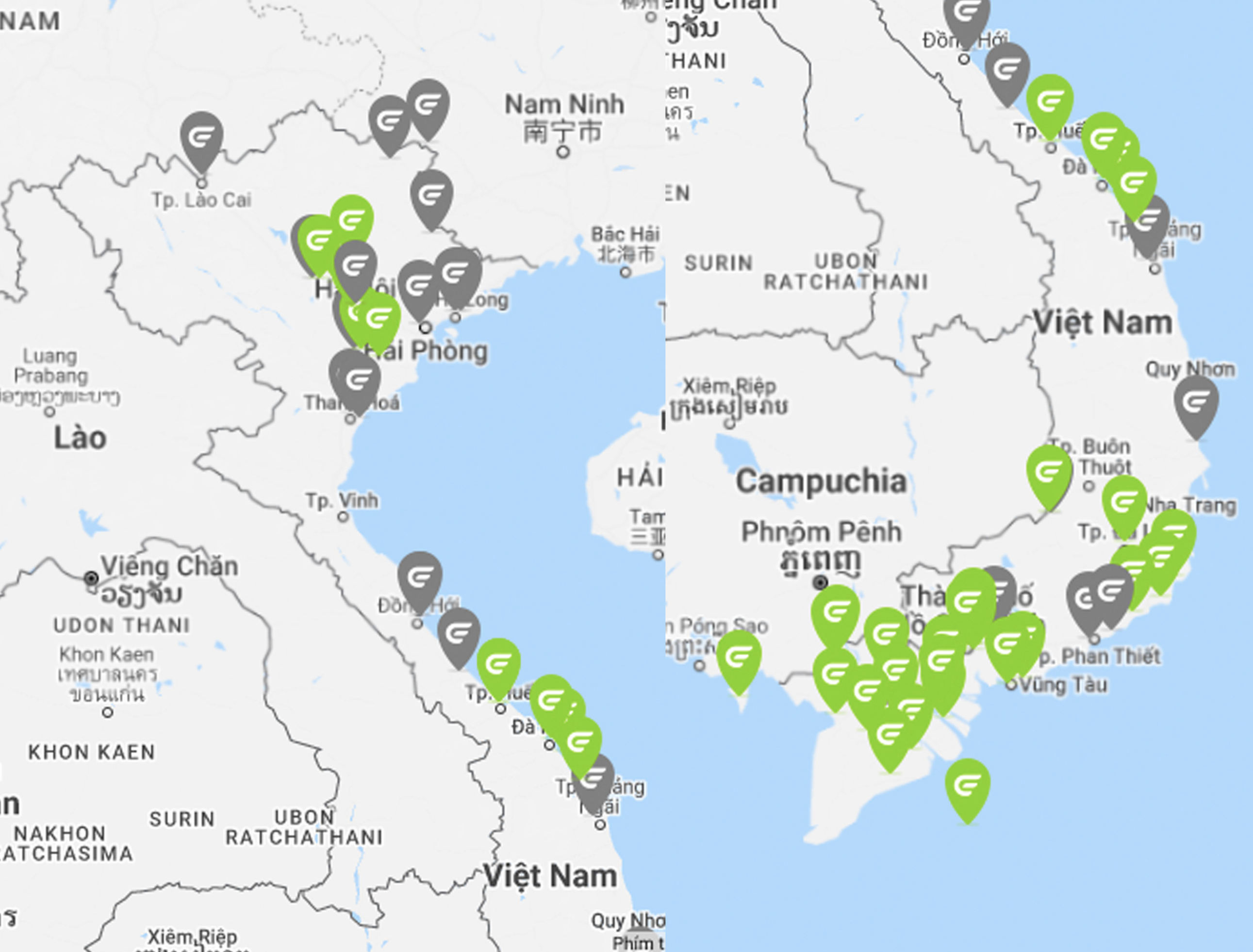 A map details EV One running multiple charging points (in green) in Vietnam. Photo: EV One