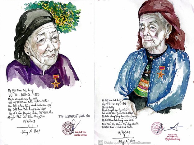 Two portraits of Vietnamese Heroic Mothers painted by artist Dang Ai Viet. Photo: Supplied