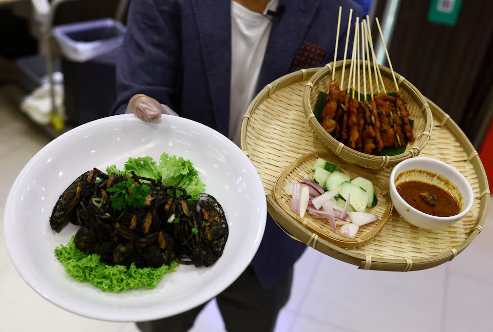 Restaurant owner Francis Ng shows squid ink pasta and satay sprinkled with house crickets during a showcase of insect-based dishes at the House of Seafood restaurant in Singapore July 16, 2024. Photo: Reuters