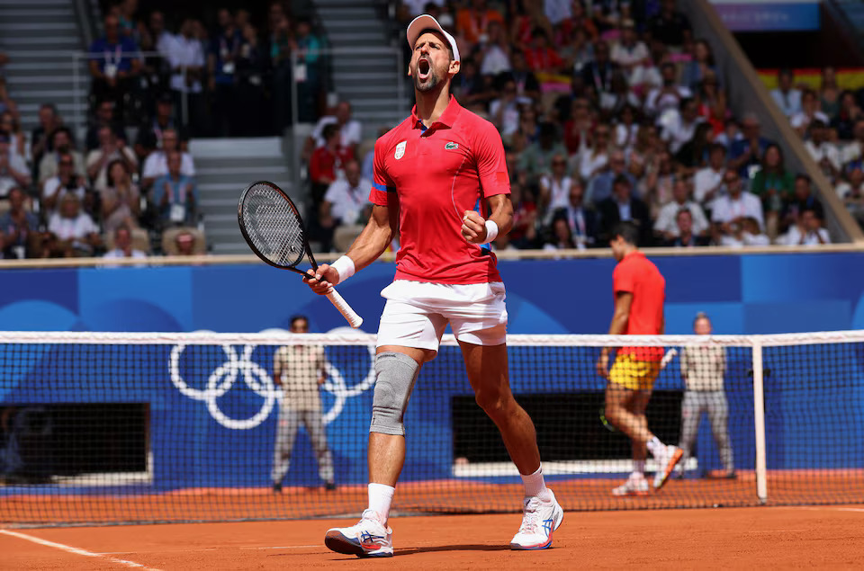 Paris 2024 Olympics - Tennis - Men's Singles Gold Medal Match - Roland-Garros Stadium, Paris, France - August 04, 2024. Novak Djokovic of Serbia reacts during his match against Carlos Alcaraz of Spain. Photo: Reuters