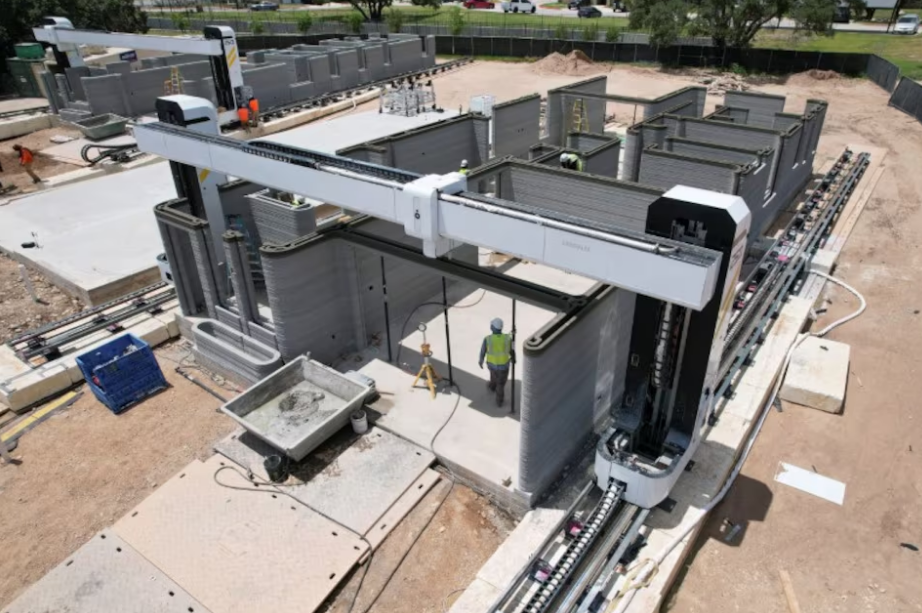 A drone image shows a 3D printer printing the walls of a home under construction in Georgetown, Texas, June 30, 2024. Photo: Reuters