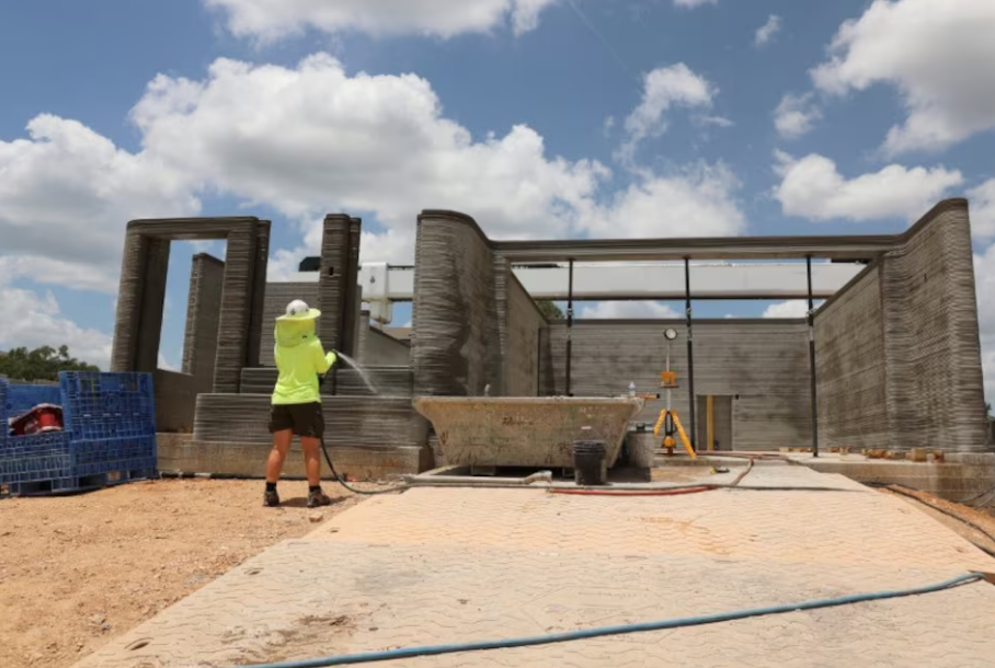 An ICON employee waters the cement-based walls of a 3D-printed home under construction in Georgetown, Texas, June 30, 2024. Photo: Reuters