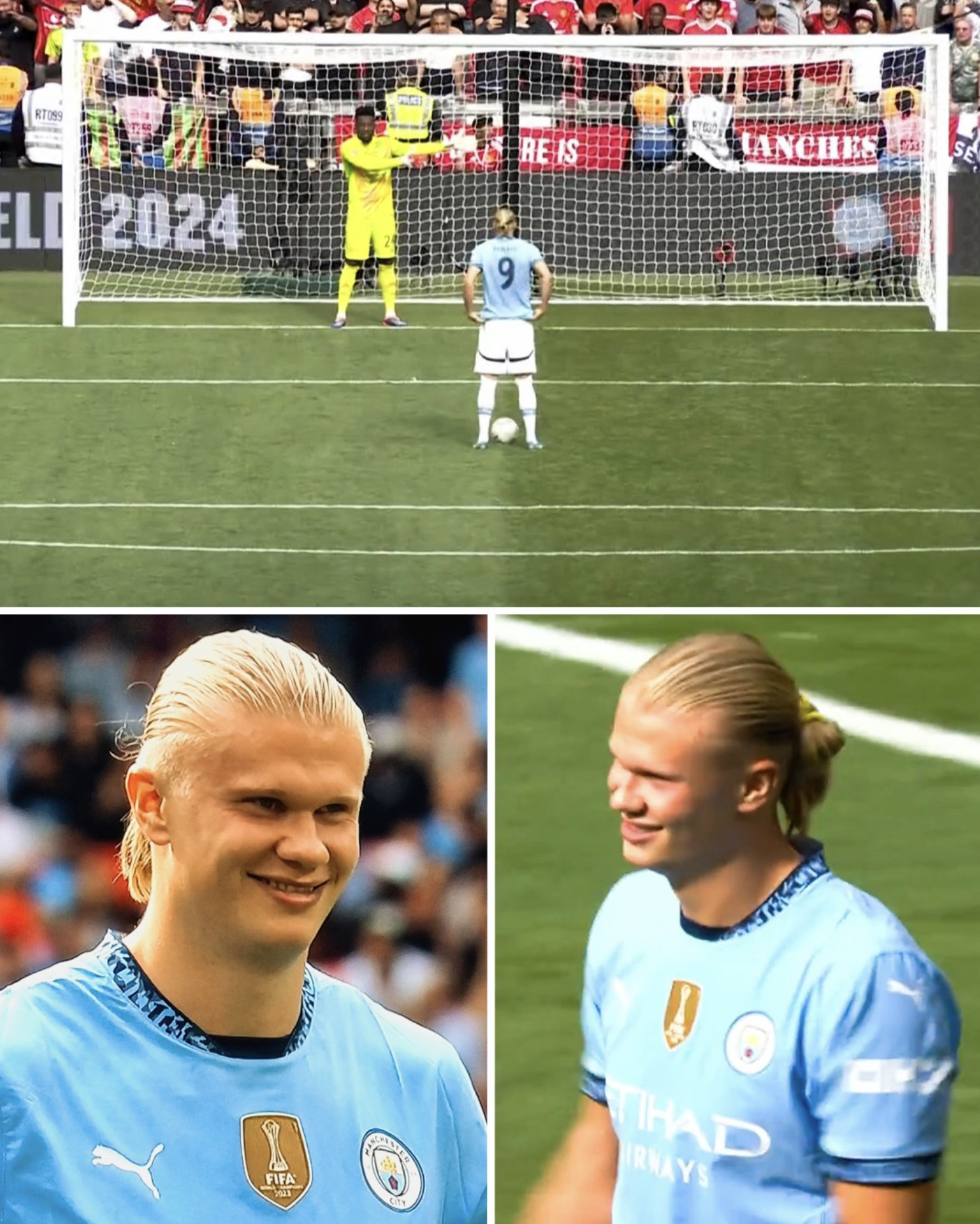 Erling Haaland pictured laughing at Andre Onana's penalty antics during Man City's shootout against Man United at Wembley on August 10, 2024. Photo: SPORTbible