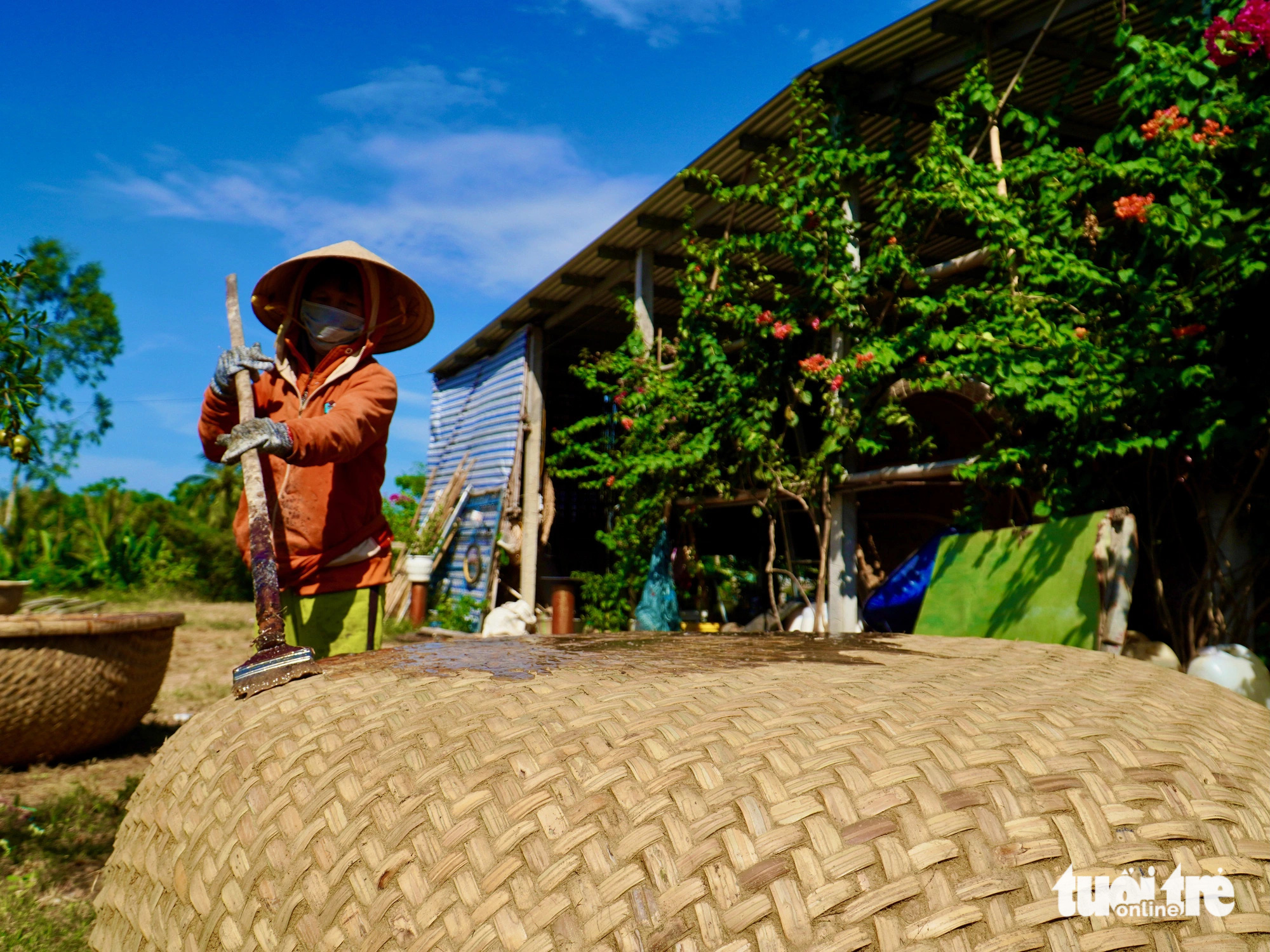 Dipterocarpus alatus resin is applied over a basket boat’s surface at Phu My basket boat craft village in Tuy An District, Phu Yen Province, south-central Vietnam. Photo: Minh Chien / Tuoi Tre