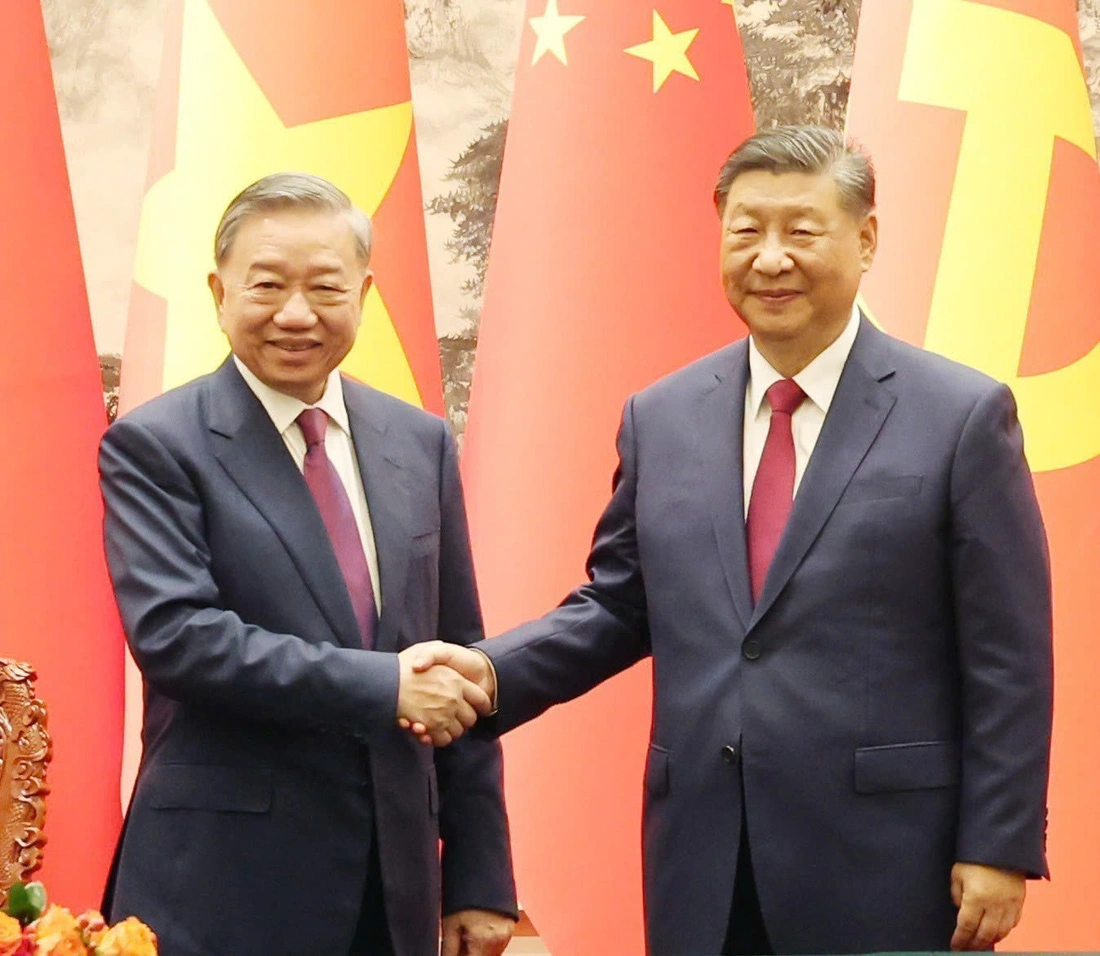 Vietnamese Party General Secretary and State President To Lam (L) shakes hands with his Chinese counterpart Xi Jinping before their talks in Beijing, China, August 19, 2024. Photo: Vietnam News Agency