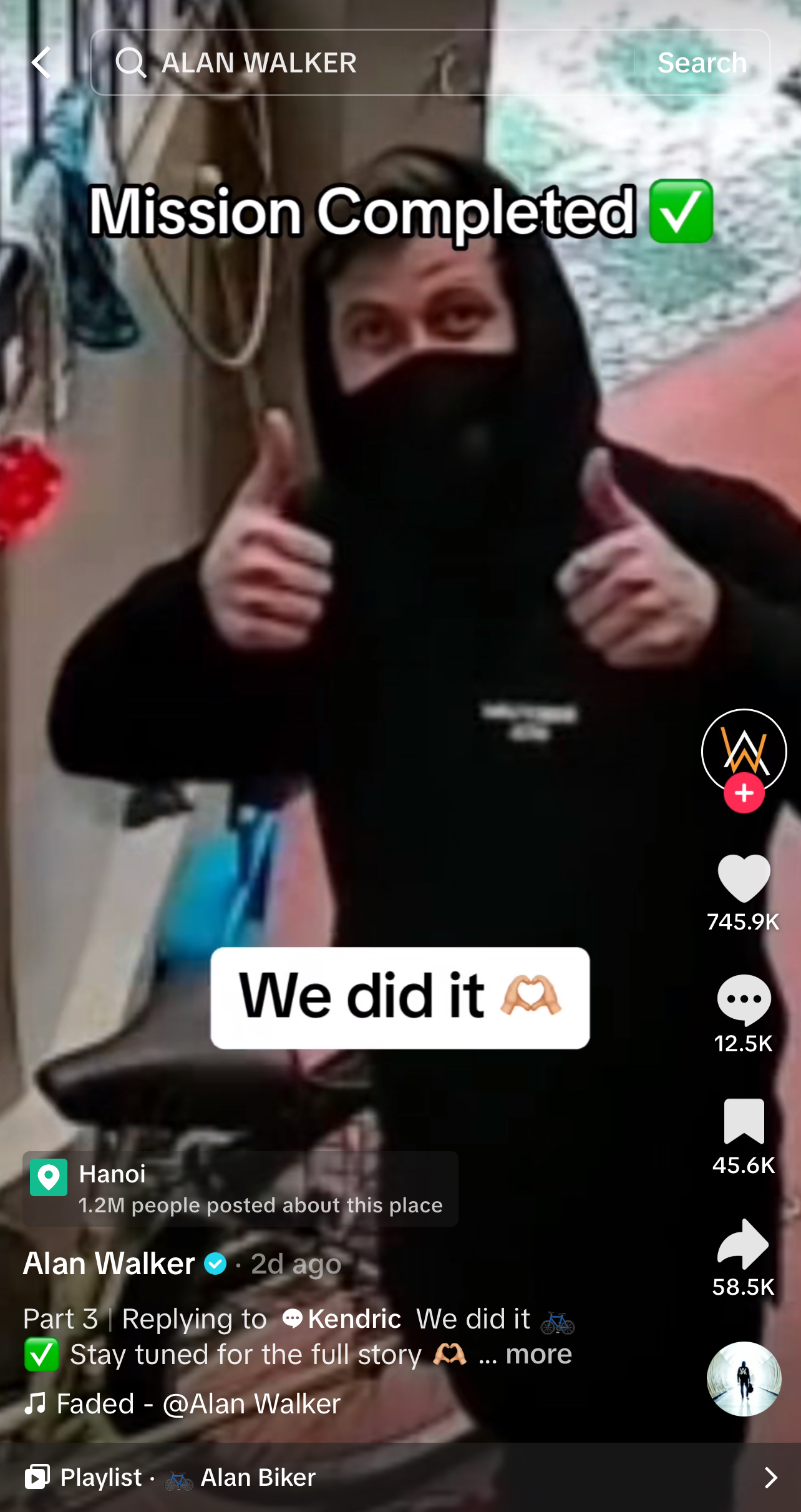 A screenshot of Alan Walker posing after his mission was complete.