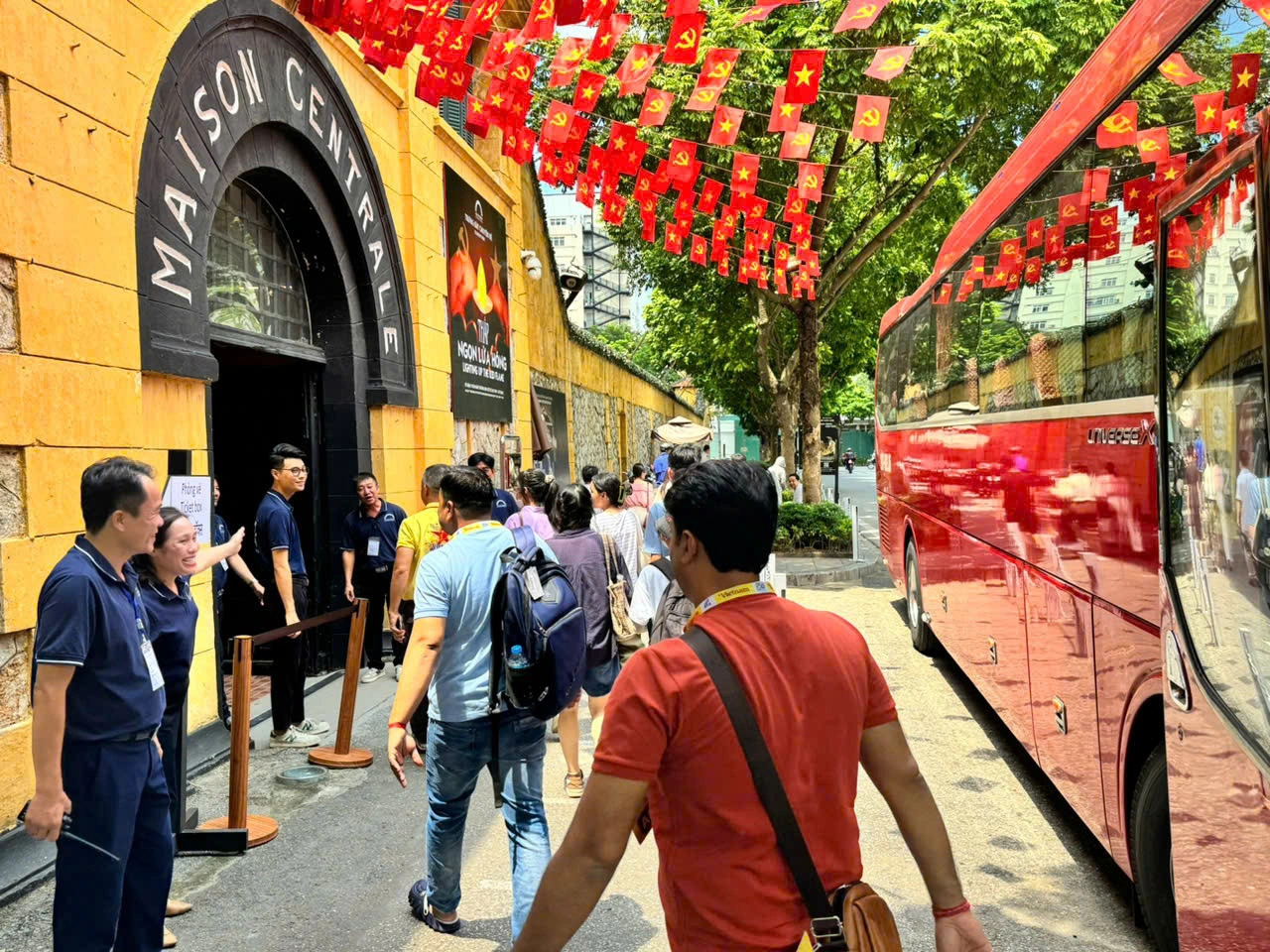 Employees of an Indian billionaire’s pharmaceutical company explore Hoa Lo Prison in Hanoi, on August 27, 2024. Photo: Vu Nam