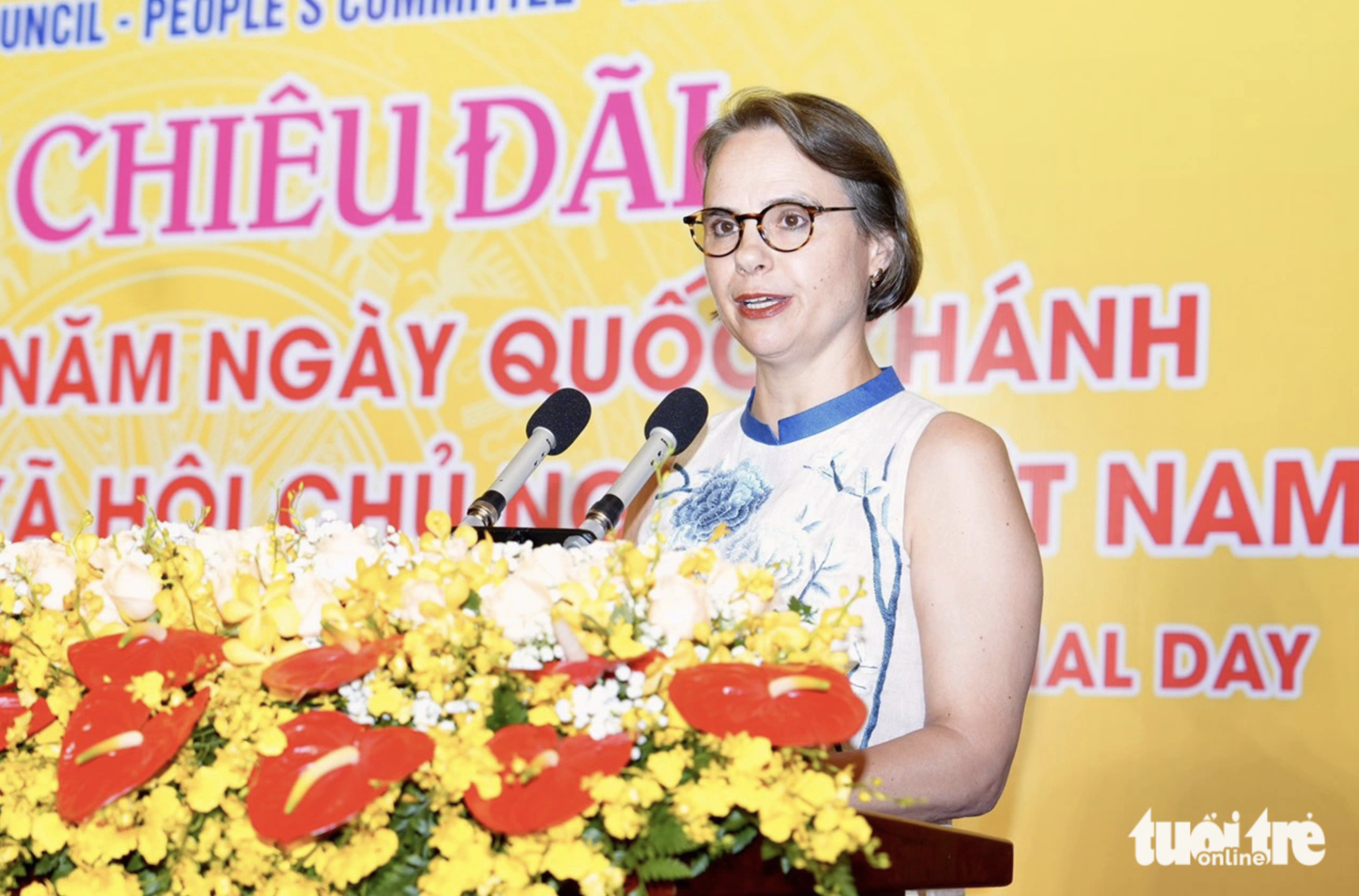 Josefine Wallat, German Consul General and Head of the consular corps in Ho Chi Minh City, speaks at a banquet on August 29, 2024 to celebrate the 79th anniversary of Vietnam’s National Day (September 2, 1945 - 2024). Photo: Huu Hanh / Tuoi Tre