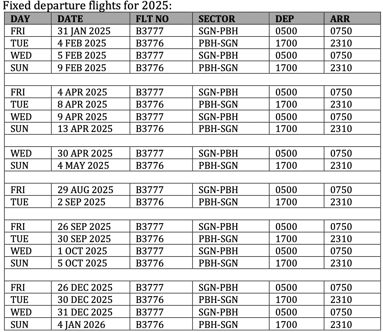 The schedule for direct flights between Ho Chi Minh City and Paro Town in Bhutan in 2025. Photo: Bhutan Airlines