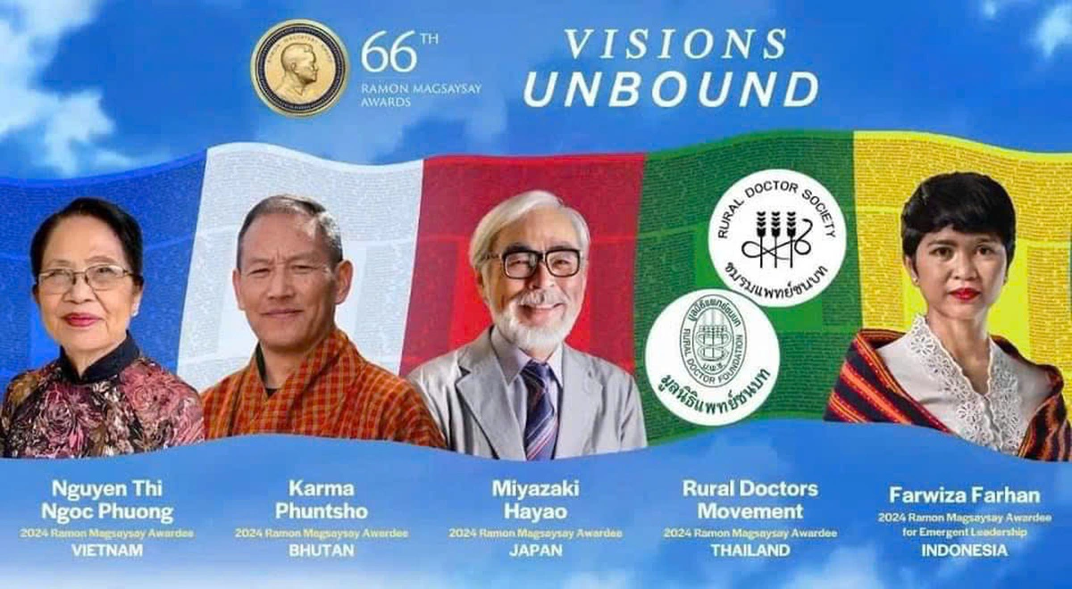 The five 2024 Ramon Magsaysay Awardees (from left): Nguyen Thi Ngoc Phuong of Vietnam, Karma Phuntsho of Bhutan, Miyazaki Hayao of Japan, Rural Doctors Movement of Thailand, and Farwiza Farhan of Indonesia. Photo: RMA