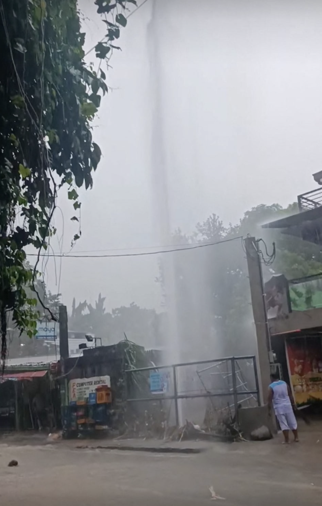 Water shoots up from a broken pipe amid flooding in Antipolo, Rizal, just outside the Philippines' capital, Septemer 2, 2024 in this still image obtained from social media video. Photo: Reuters