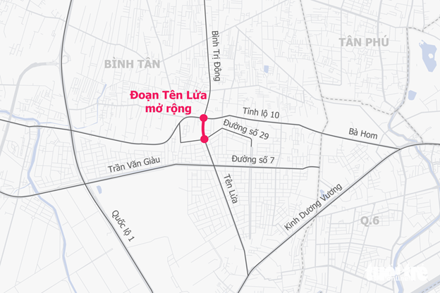 A map shows the location of the extended Ten Lua Street section in Binh Tan District, Ho Chi Minh City.