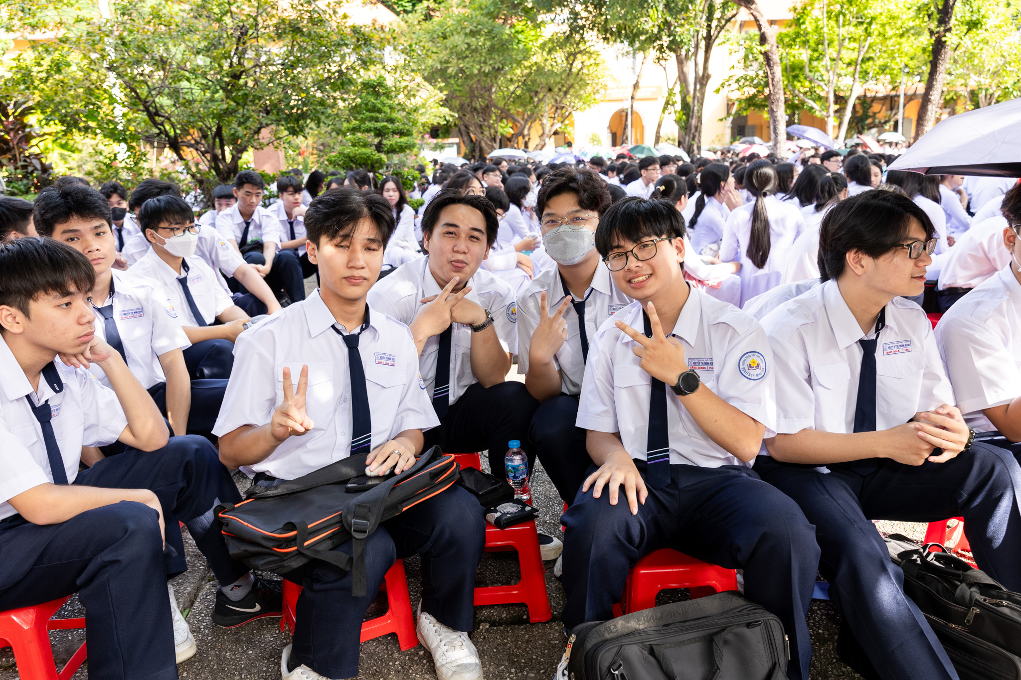 Students cheer during the new school year opening ceremony at Nguyen Thi Minh Khai High School in District 3, Ho Chi Minh City, September 5, 2024.