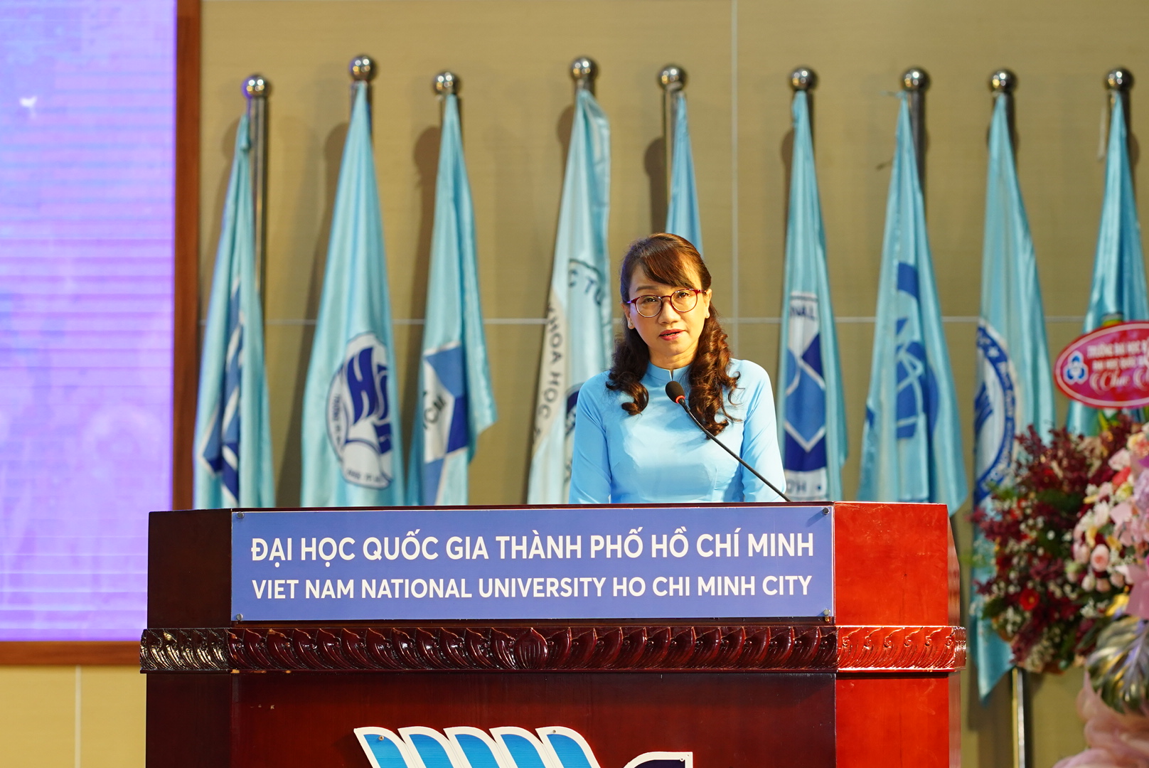 Prof. Dr. Nguyen Thi Thanh Mai, principal of the High School for Gifted Students under the Vietnam National University-Ho Chi Minh City, delivers a speech at the school's new academic year opening ceremony, September 5, 2024.