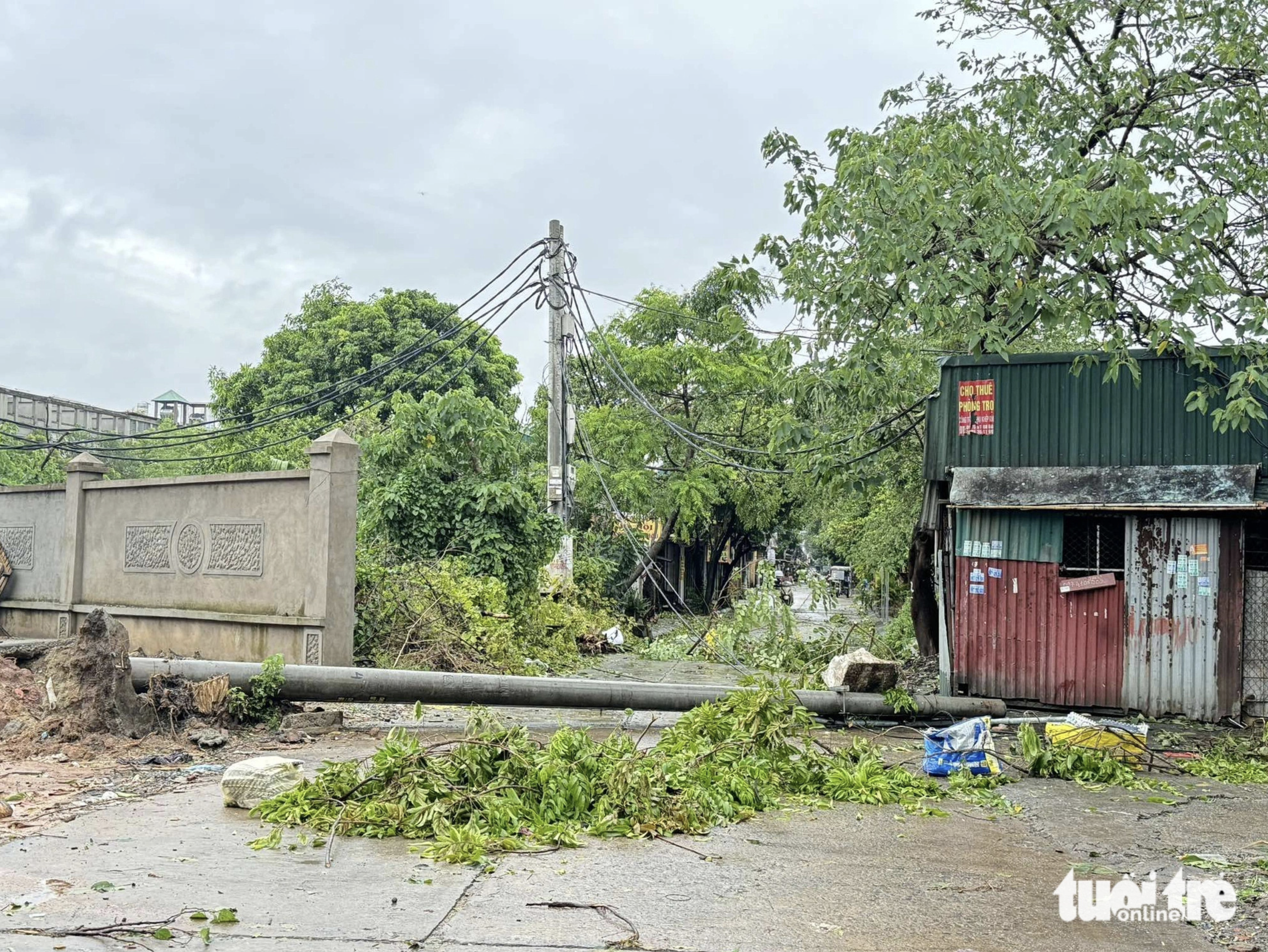 A power pole falls on a street in Ha Dong District, Hanoi. Photo: Thanh Chung / Tuoi Tre