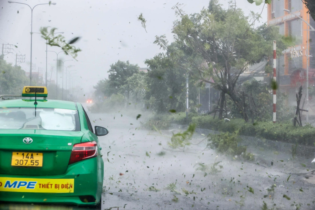 Tree branches broken off by fierce winds from super typhoon Yagi are seen flying all over the streets in Cam Pha City, Quang Ninh Province, northern Vietnam, September 7, 2024. Photo: Nguyen Khanh / Tuoi Tre