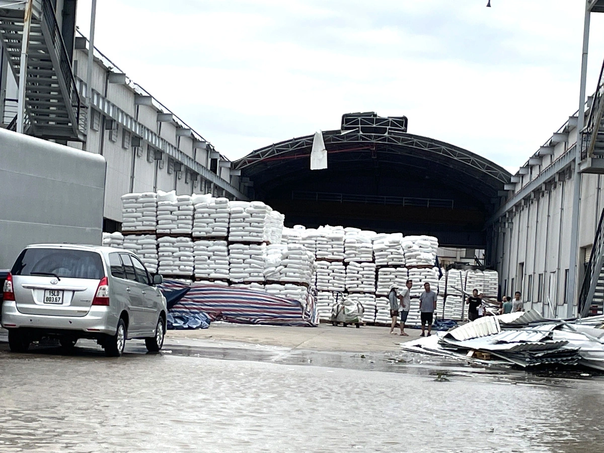 As a factory in Hai Phong City has its roof blown off, materials inside the factory are damaged. Photo: B.Ngoc / Tuoi Tre