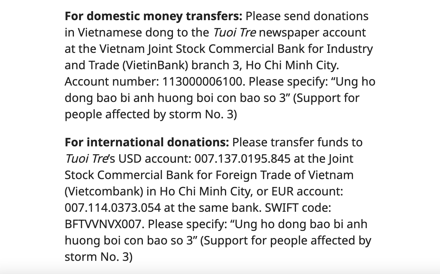 A screenshot shows the bank transfer method for donating to the victims of Typhoon Yagi through a program organized by Tuoi Tre (Youth) newspaper.