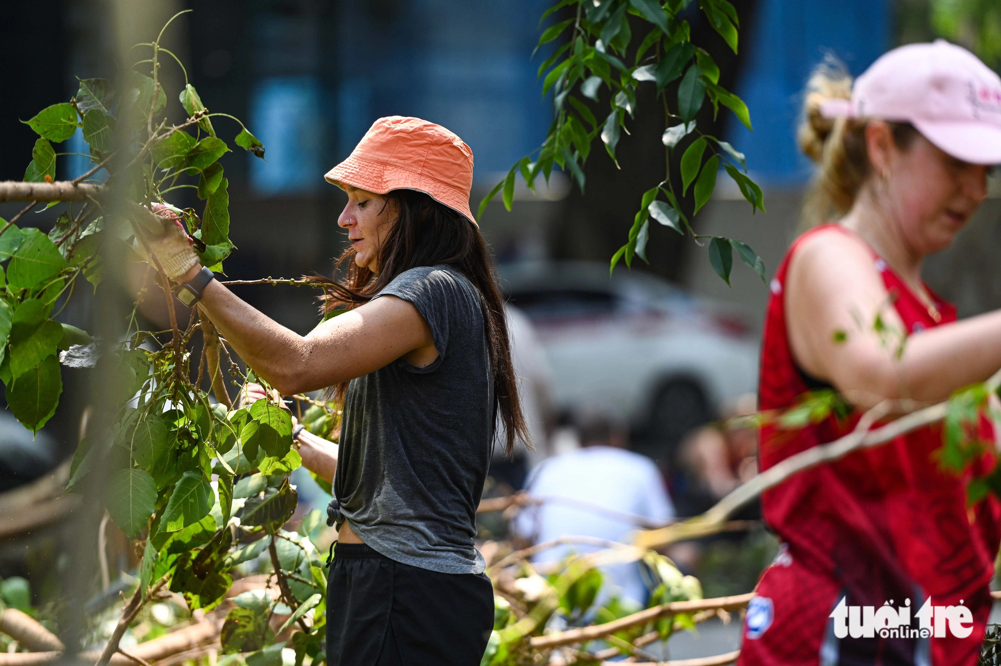 Foreigners help clear fallen tree branches on the street in Hoan Kiem District, Hanoi, September 14, 2024. Photo: Hong Quang / Tuoi Tre