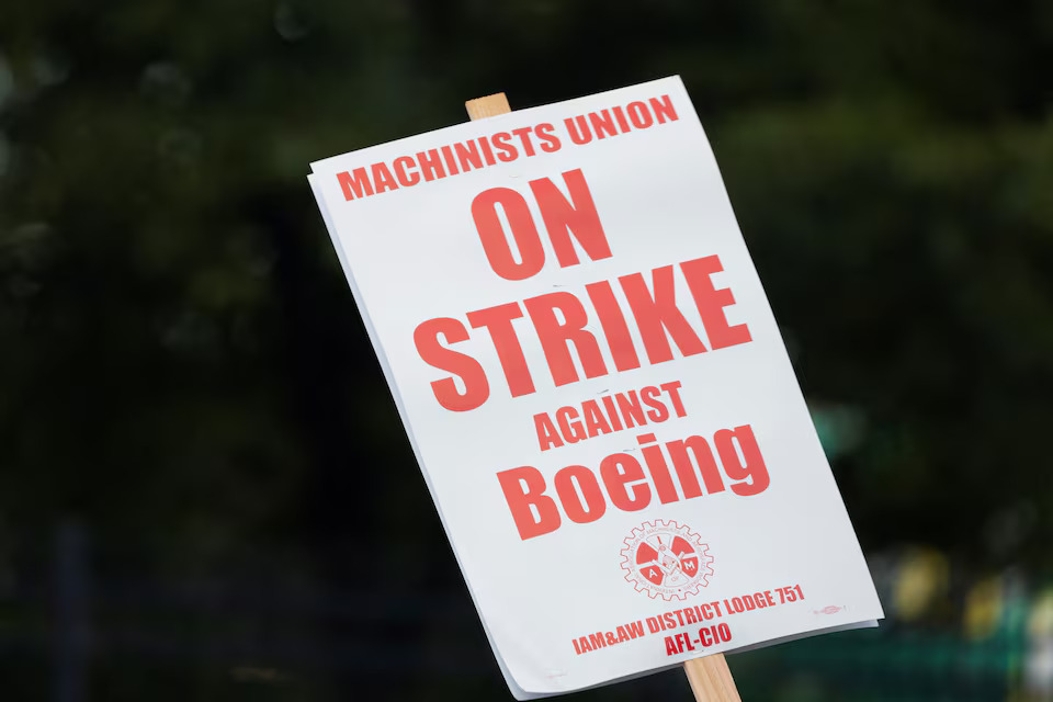 Signage seen on a picket line during the first day of a strike near the entrance of a production facility in Renton, Washington, U.S., September 13, 2024. Photo: Reuters