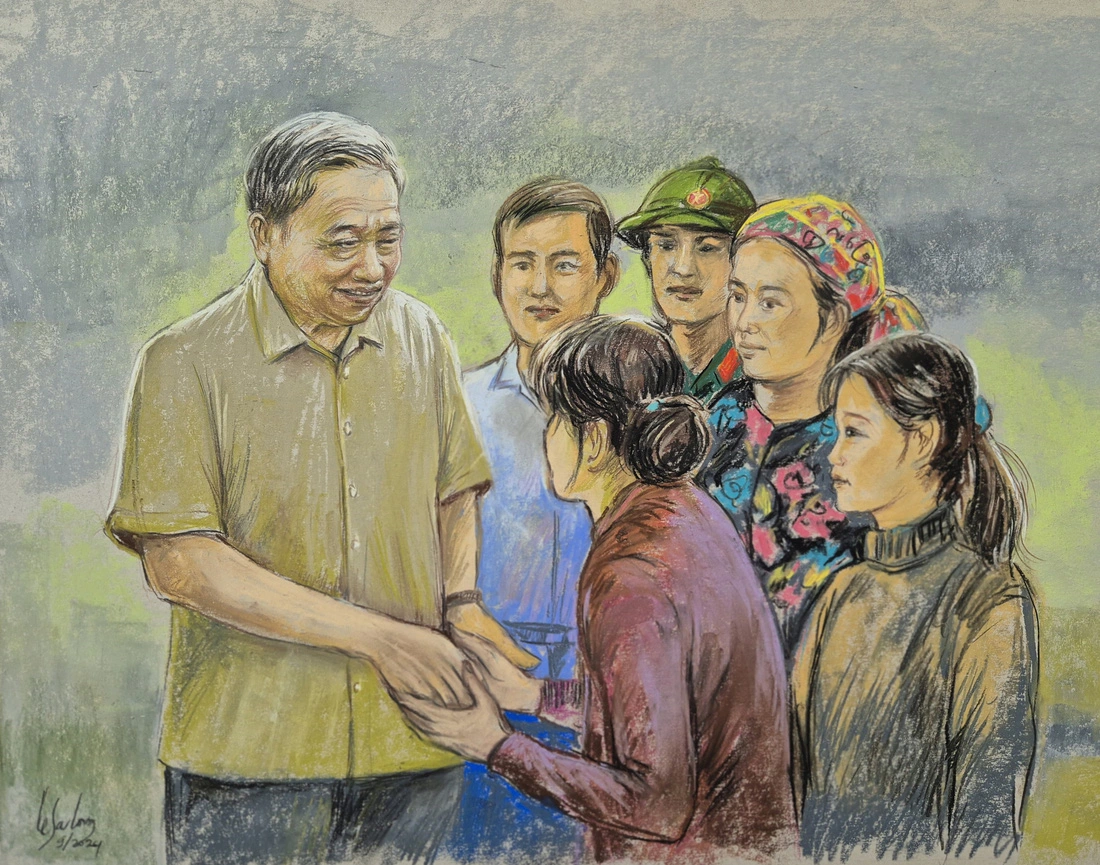 A painting by artist Le Sa Long depicts Party General Secretary and State President To Lam visiting and encouraging typhoon-hit people in Tuyen Quang Province, northern Vietnam.