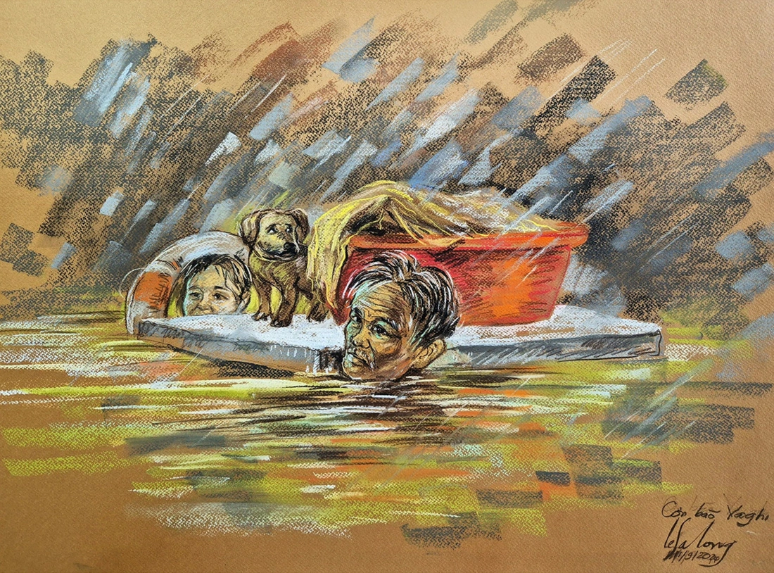 A painting by artist Le Sa Long depicts residents struggling with a flood.