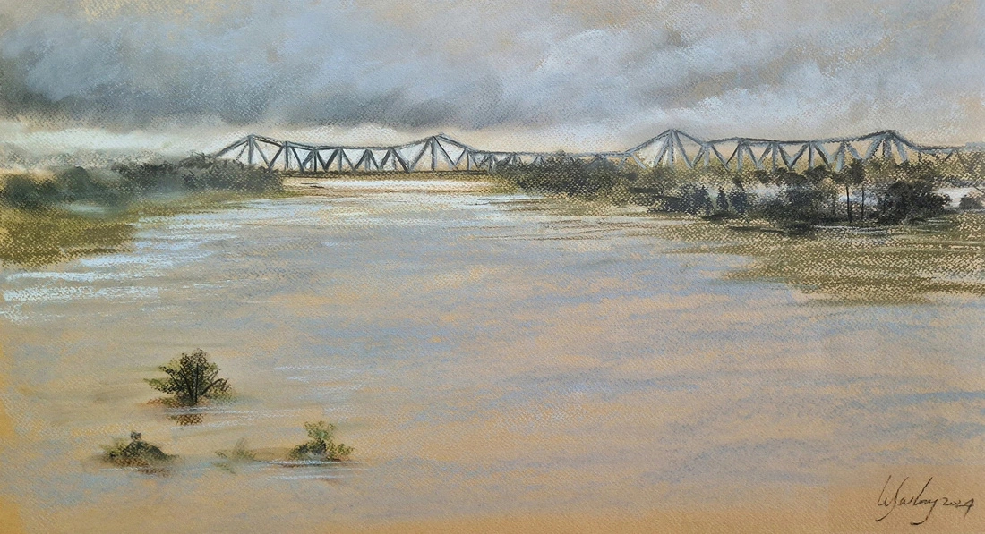 A painting by artist Le Sa Long depicts the high water level in the Red River in northern Vietnam.